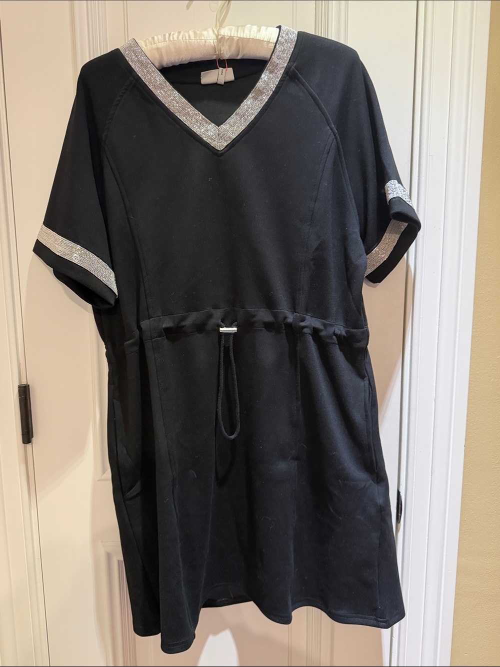 The Greii Black V-Neck Tunic Dress with Silver Rhinestone Trim-NWT-Size L